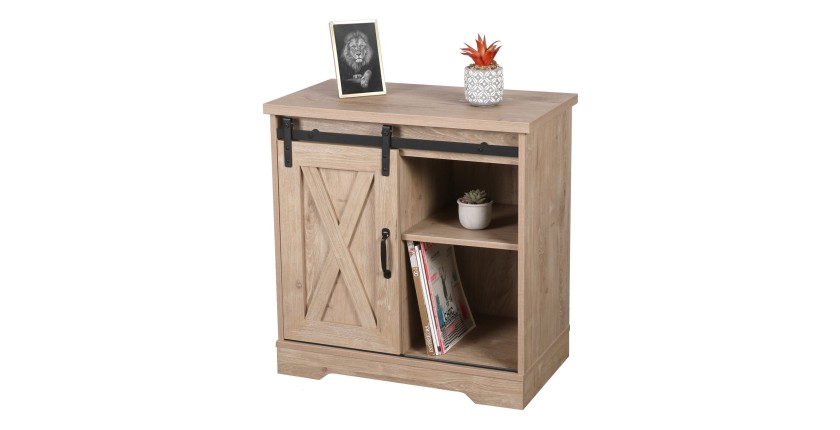 Commode style rustique 1 porte coulissante et 1 étagère coloris chêne clair dimensions 70x40x72cm