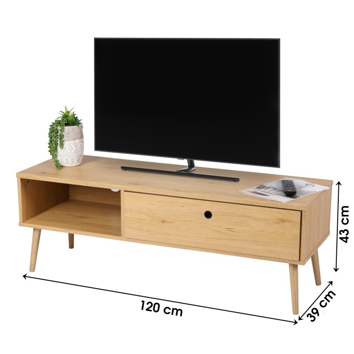 Meuble TV style classique coloris chêne clair avec un tiroir - dimensions 120x39xH43cm