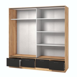 Armoire 200cm avec 2 portes coulissantes avec miroirs et 4 tiroirs couleur chêne et noir. Collection EOS