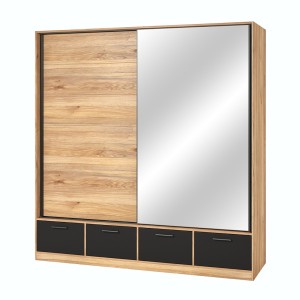 Armoire 200cm avec 2 portes coulissantes avec miroirs et 4 tiroirs couleur chêne et noir. Collection EOS