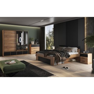 Armoire 200cm avec 2 portes coulissantes avec miroirs et 4 tiroirs couleur chêne et noir. Collection EOS