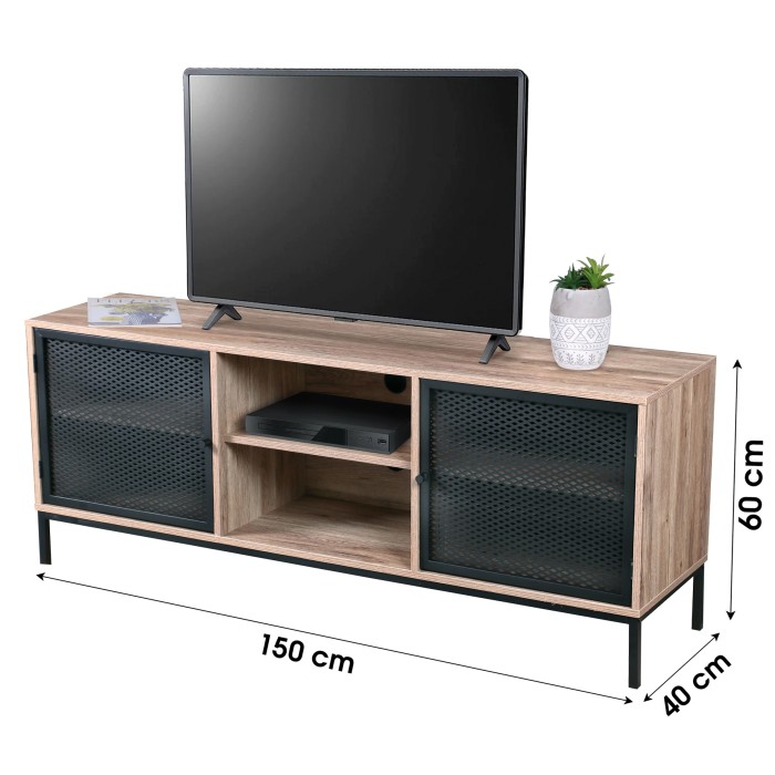 Meuble TV en bois avec grillage en métal noir avec deux niches - dimensions 150x40xH60cm