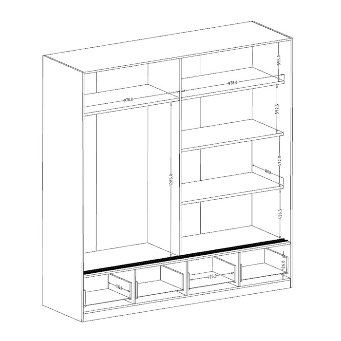 Armoire 200cm avec 2 portes coulissantes avec miroirs et 4 tiroirs couleur chêne et noir. Collection EOS
