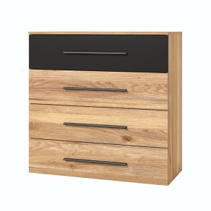 Chambre à coucher design collection EOS : Armoire, Lit 180x200, commode, chevets. Couleur chêne clair et noir