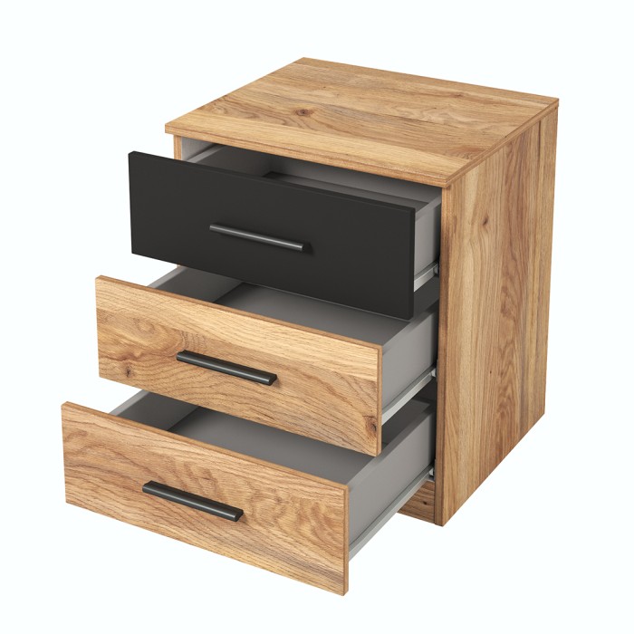 Chambre à coucher design collection EOS : Armoire, Lit 180x200, commode, chevets. Couleur chêne clair et noir