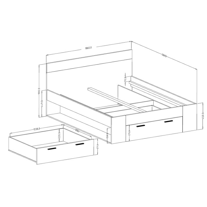 Chambre à coucher design collection EOS : Armoire, Lit 180x200, commode, chevets. Couleur chêne clair et noir