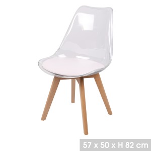 Chaise translucide avec assise en PU blanche et pieds en bois. Idéal pour un salon top tendance!