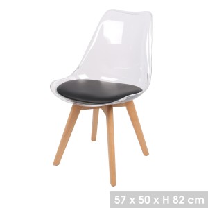Chaise translucide avec assise en PU noir et pieds en bois. Idéal pour un salon top tendance!