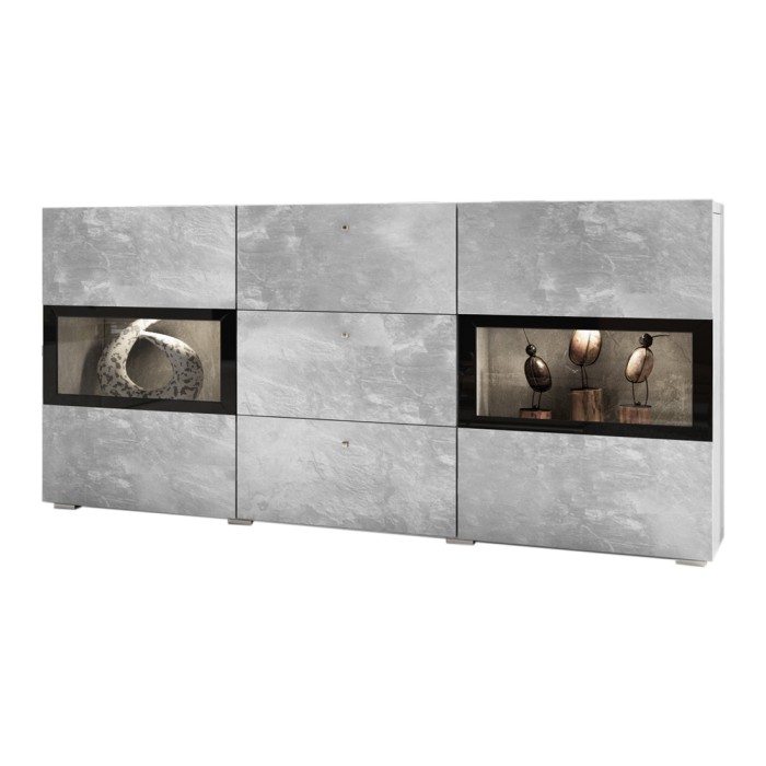 Buffet RAMOS – Gris effet béton et noir – LED multicolores incluses – 2 portes vitrées + 3 tiroirs