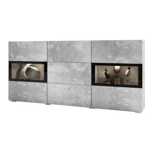 Buffet RAMOS – Gris effet béton et noir – LED multicolores incluses – 2 portes vitrées + 3 tiroirs