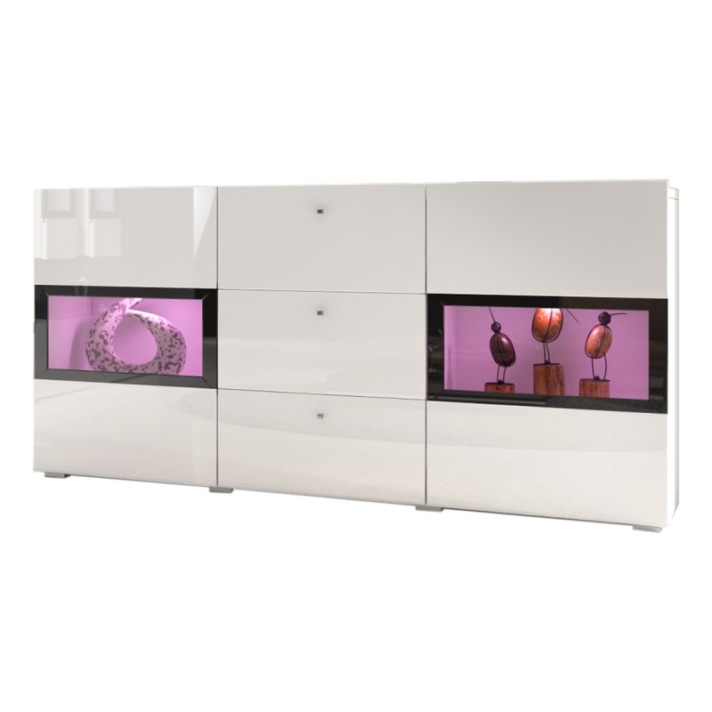 Buffet RAMOS – Coloris blanc brillant et noir – LED multicolores intégrées - 2 portes vitrées + 3 tiroirs