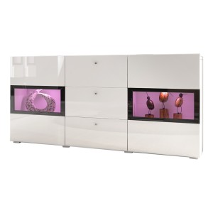 Buffet RAMOS – Coloris blanc brillant et noir – LED multicolores intégrées - 2 portes vitrées + 3 tiroirs