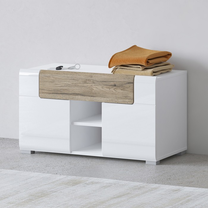 Banc de rangement design collection OHIO coloris blanc et chêne. 2 portes et 1 tiroir