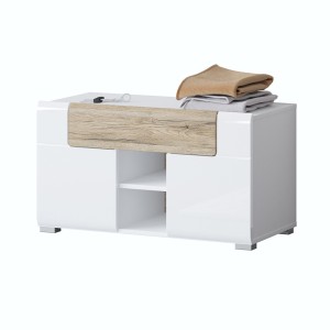 Banc de rangement design collection OHIO coloris blanc et chêne. 2 portes et 1 tiroir
