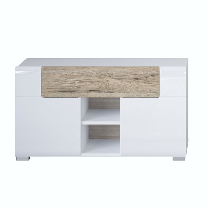 Banc de rangement design collection OHIO coloris blanc et chêne. 2 portes et 1 tiroir