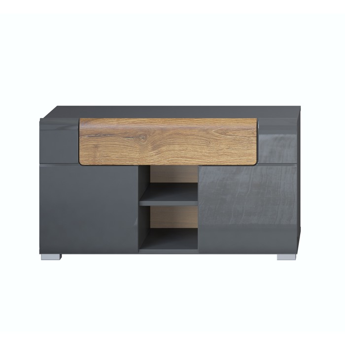 Banc de rangement design collection OHIO coloris gris anthracite et chêne vernis. 2 portes et 1 tiroir