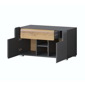 Banc de rangement design collection OHIO coloris gris anthracite et chêne vernis. 2 portes et 1 tiroir