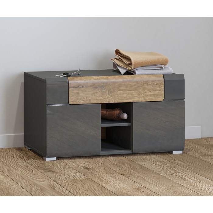 Banc de rangement design collection OHIO coloris gris anthracite et chêne vernis. 2 portes et 1 tiroir