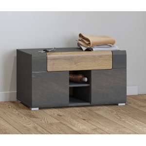 Banc de rangement design collection OHIO coloris gris anthracite et chêne vernis. 2 portes et 1 tiroir