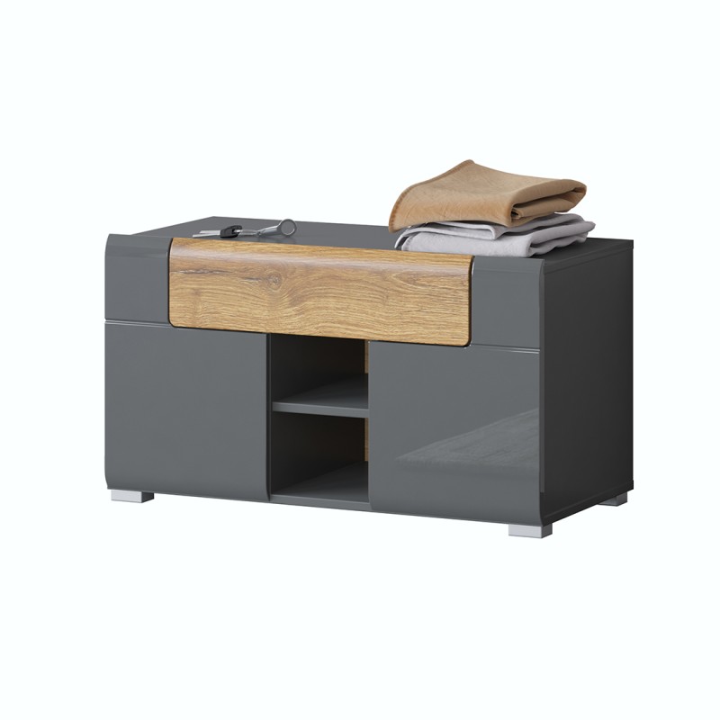 Banc de rangement design collection OHIO coloris gris anthracite et chêne vernis. 2 portes et 1 tiroir