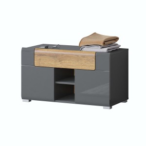 Banc de rangement design collection OHIO coloris gris anthracite et chêne vernis. 2 portes et 1 tiroir