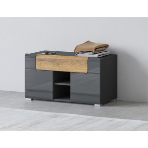 Banc de rangement design collection OHIO coloris gris anthracite et chêne vernis. 2 portes et 1 tiroir