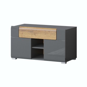 Banc de rangement design collection OHIO coloris gris anthracite et chêne vernis. 2 portes et 1 tiroir