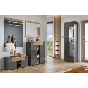Banc de rangement design collection OHIO coloris gris anthracite et chêne vernis. 2 portes et 1 tiroir