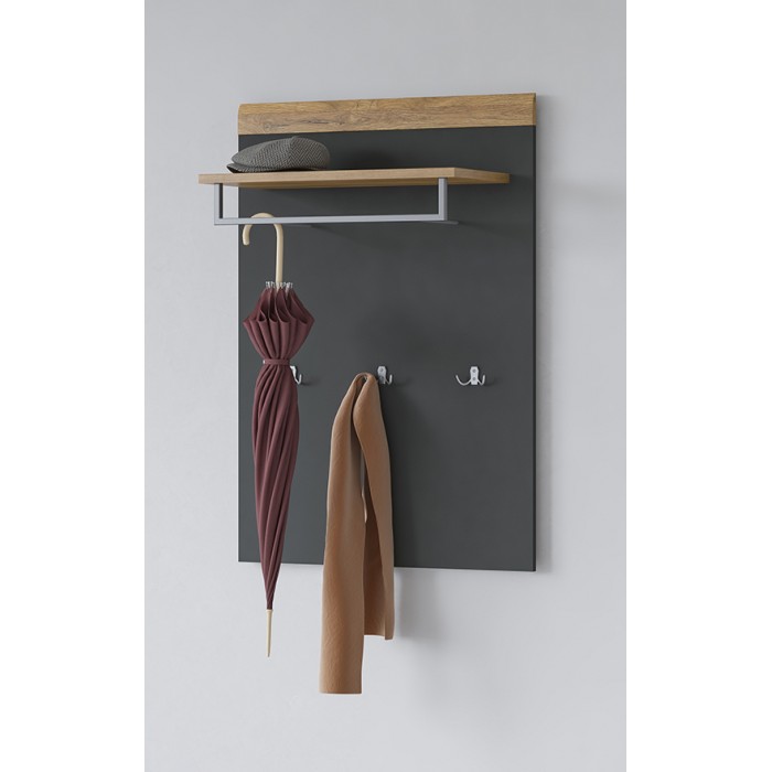 Panneau mural porte-manteau avec étagére, gris anthracite et chêne vernis, pour entrée, collection OHIO