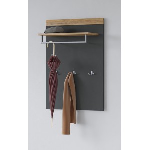 Panneau mural porte-manteau avec étagére, gris anthracite et chêne vernis, pour entrée, collection OHIO