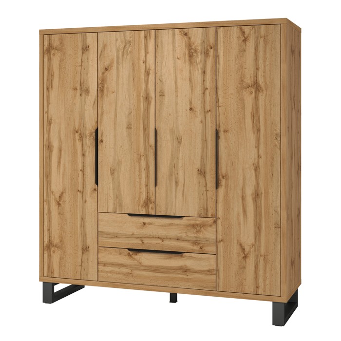Armoire en bois style Scandinave 190cm avec 4 portes et 2 tiroirs couleur chêne brut. Collection MILOS