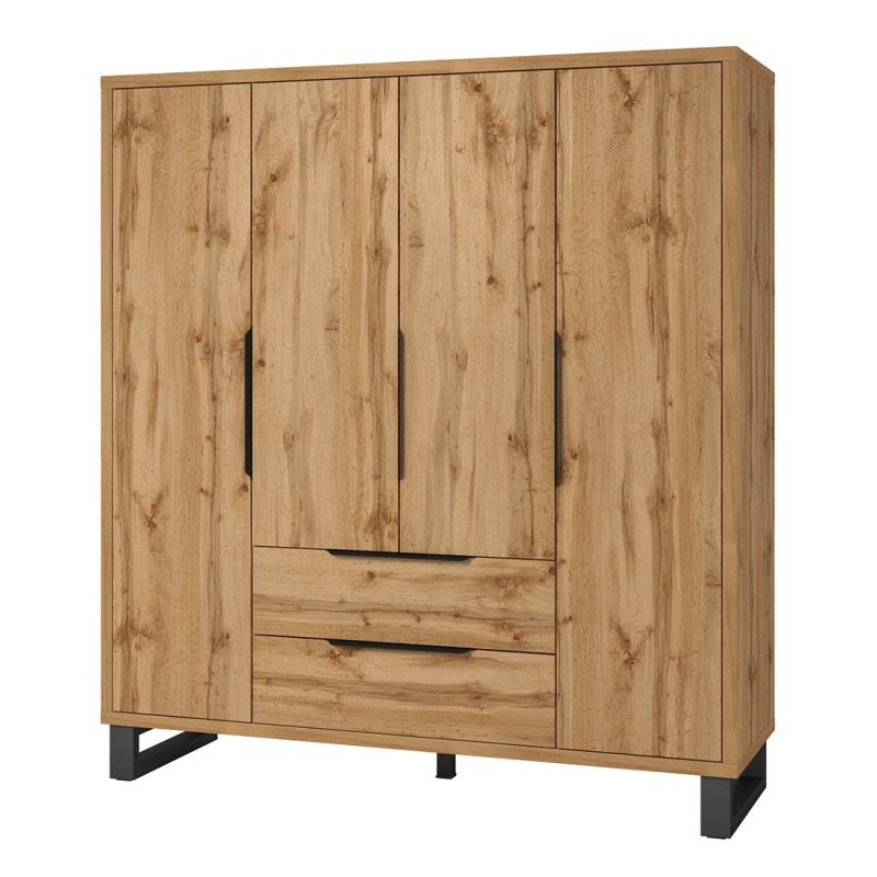 Armoire en bois style Scandinave 190cm avec 4 portes et 2 tiroirs couleur chêne brut. Collection MILOS