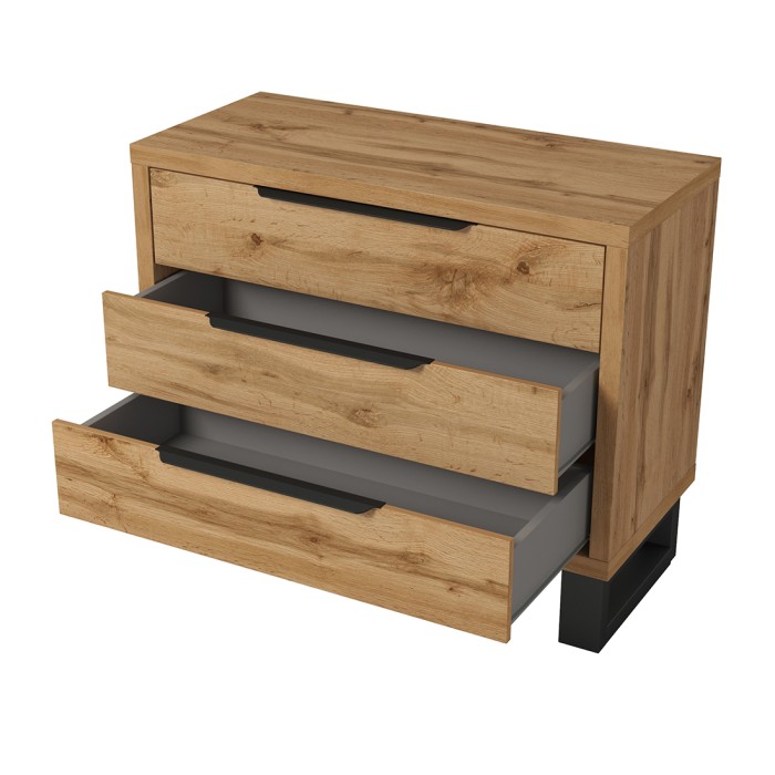 Commode MILOS – 3 tiroirs style industriel chêne brut et noir