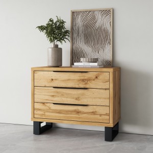 Commode MILOS – 3 tiroirs style industriel chêne brut et noir