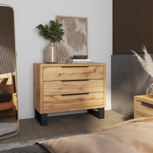 Commode MILOS – 3 tiroirs style industriel chêne brut et noir