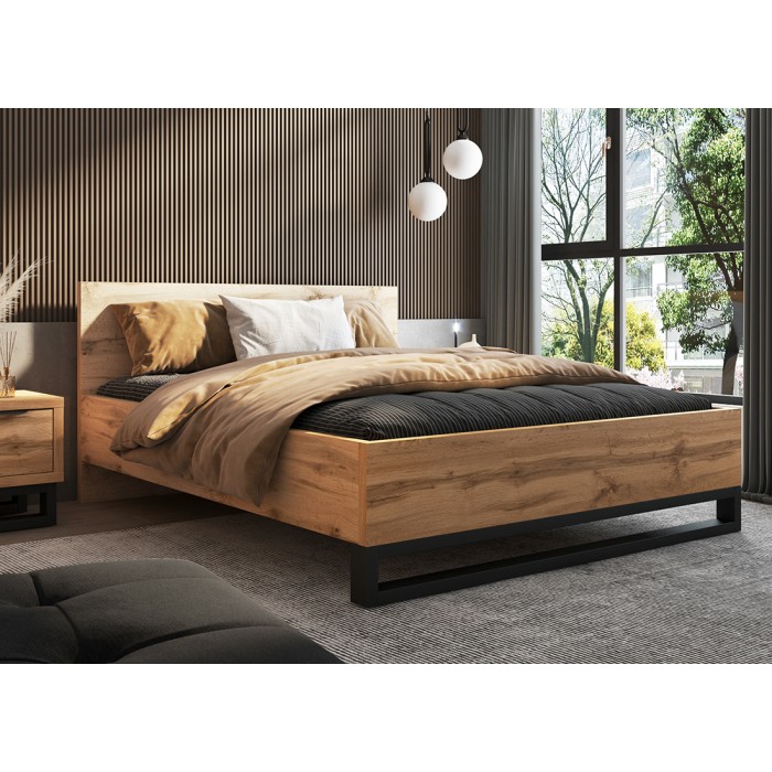Lit adulte 160x200 style industriel - Collection MILOS. Coloris chêne brut et noir.