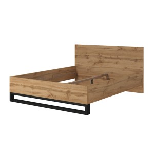 Lit adulte 160x200 style industriel - Collection MILOS. Coloris chêne brut et noir. Sommier inclus