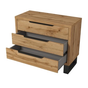 Chambre compléte style industriel collection MILOS : armoire 3 portes, lit 180x200, commode, chevets, chêne brut et noir