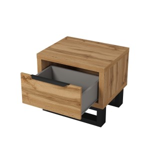 Ensemble lit 180x200 et deux chevets style industriel - Collection MILOS. Coloris chêne brut et noir. Sommier inclus