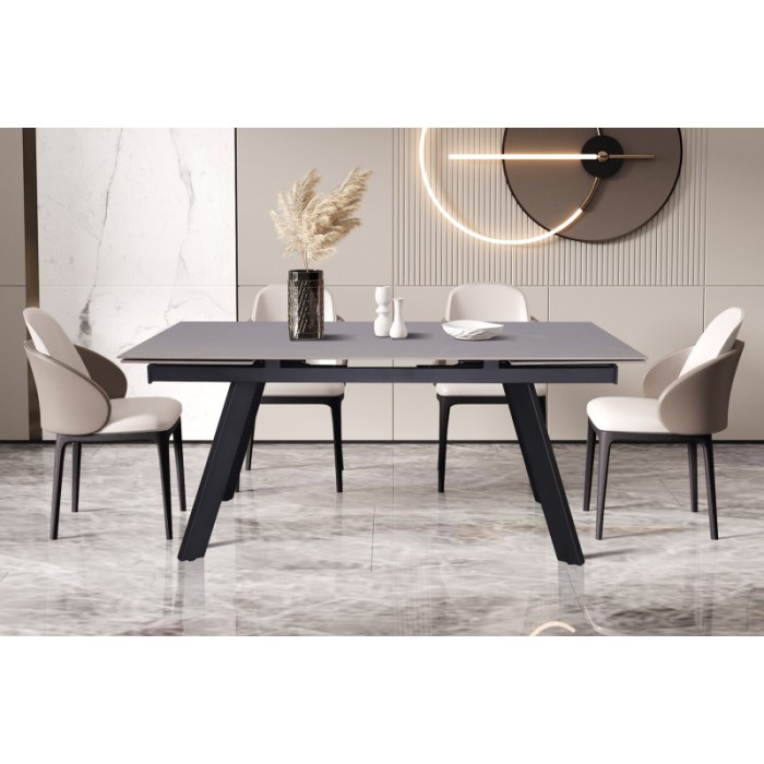 Table à manger collection LAROS en métal avec plateau noir en pierre extensible jusqu'à 240cm
