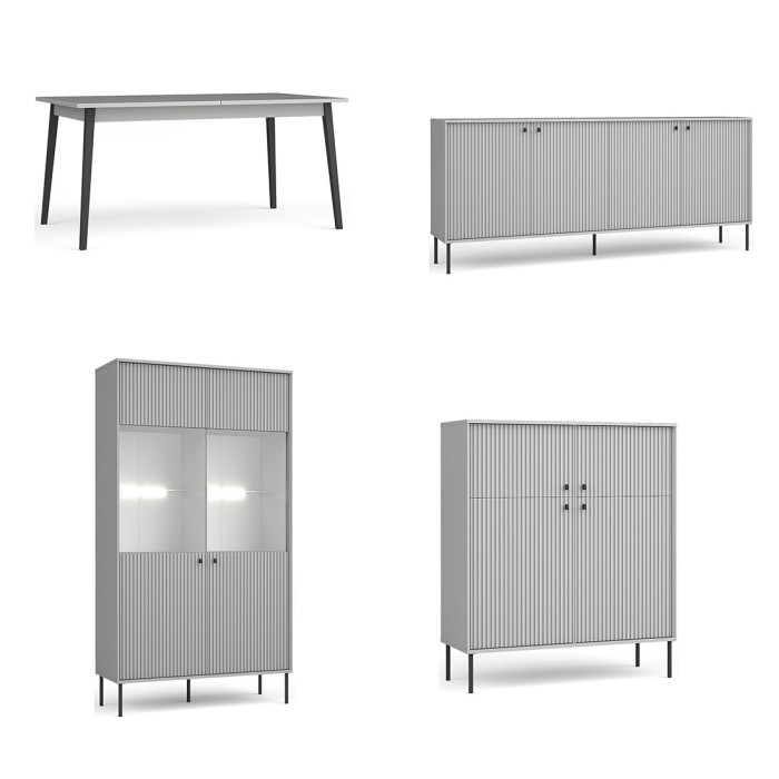 Salle à manger complète ISIS : Vaisselier, Buffet, Vitrine et Table Extensible.
