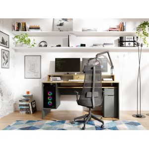 Bureau ordinateur 160cm collection ROXI coloris chêne et gris avec rangements