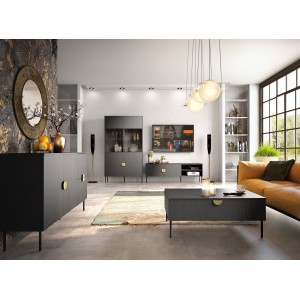 Meuble TV 4 Portes - Noir avec Poignées Dorées - 200 CM - Collection MONDO