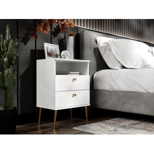 Table de chevet AURORA – 2 tiroirs + niche – Blanc alpin et pieds dorés