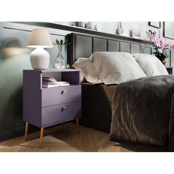 Table de chevet AURORA – 2 tiroirs + niche – Violet et pieds dorés