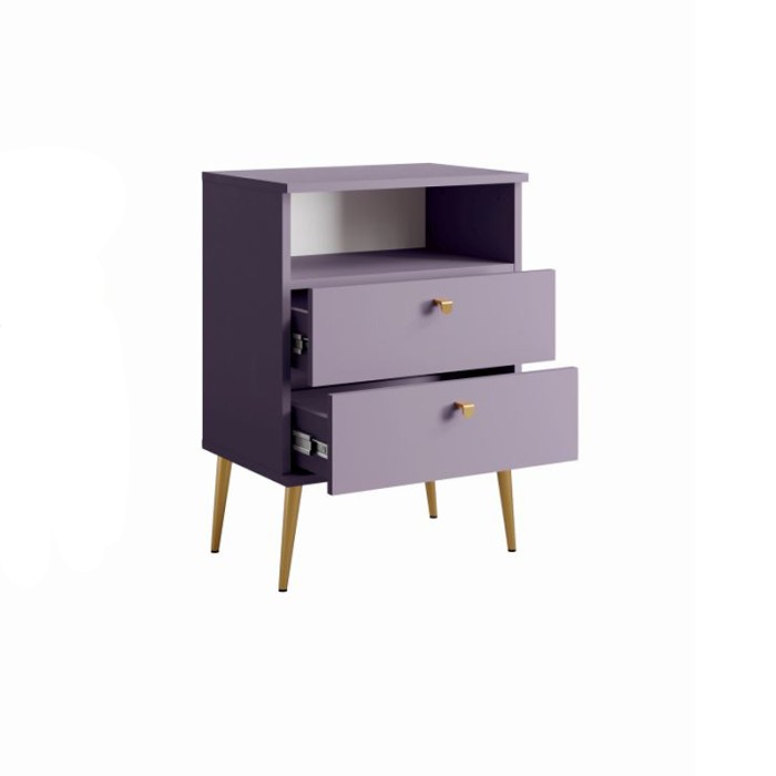 Table de chevet AURORA – 2 tiroirs + niche – Violet et pieds dorés
