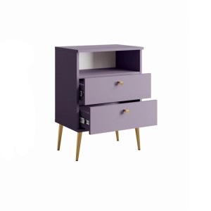 Table de chevet AURORA – 2 tiroirs + niche – Violet et pieds dorés