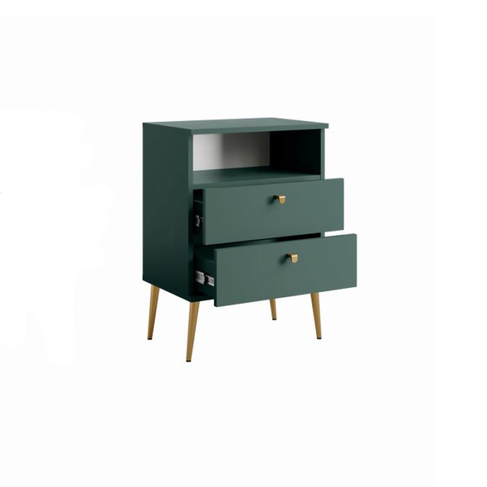 Table de Chevet 2 Tiroirs avec Niche - verte et pieds en métal doré - Collection Aurora