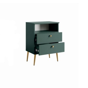 Table de Chevet 2 Tiroirs avec Niche - verte et pieds en métal doré - Collection Aurora