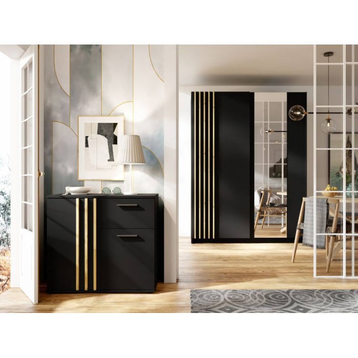 Commode VARIA - 2 portes et 1 tiroir - Design moderne coloris noir et chêne artisan